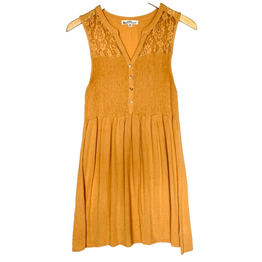 Wallflower Drop Waist Button Front Gauzy Lace Smocked Mustard Midi Dress Women M